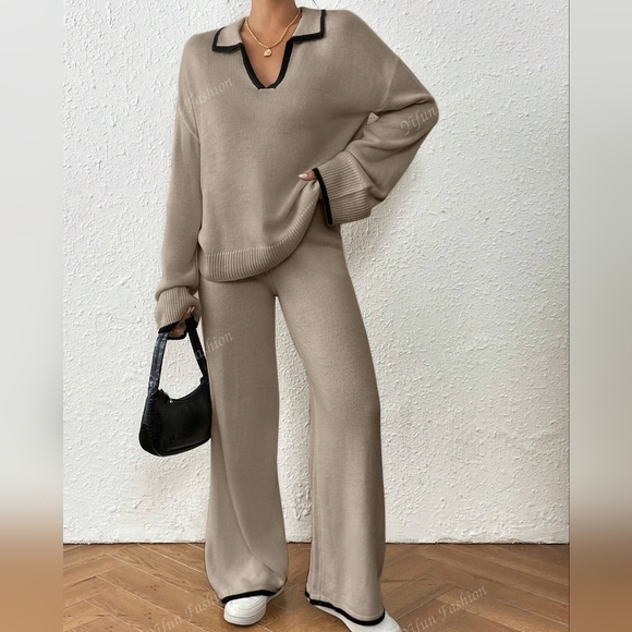 2pcs Spring/Fall Casual Color Block Trim Knitted Sweater Pants Set - Picture 1 of 4